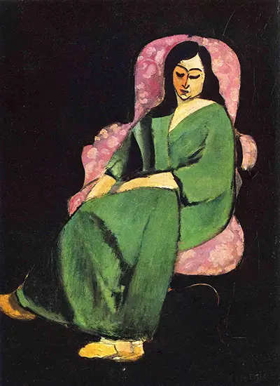 Lorette (Laurette) in a Green Robe against a Black Background Henri Matisse
